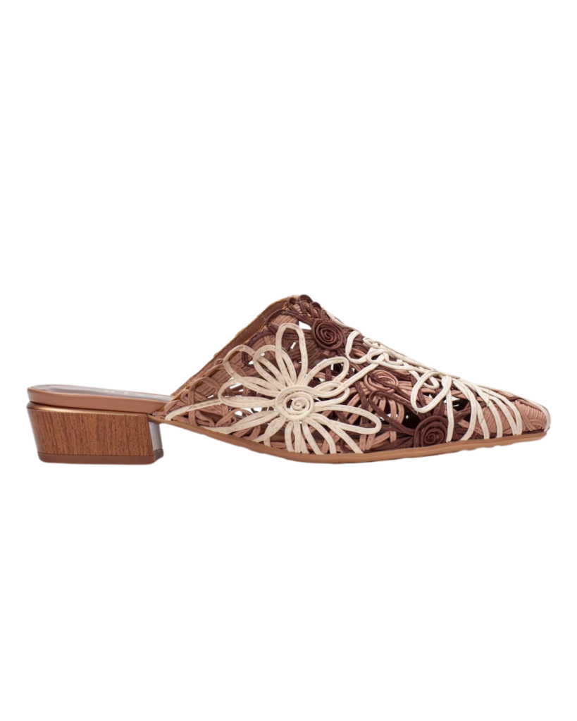 Elegante Damen Mules mit Absatz und floralem Muster sommerlich